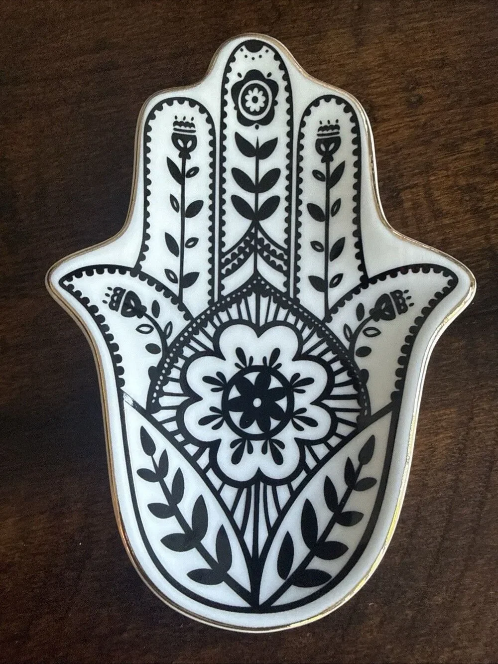 Hamsa Hand Trinket Dish Jewelry Ring Holder Black White Ceramic Tray